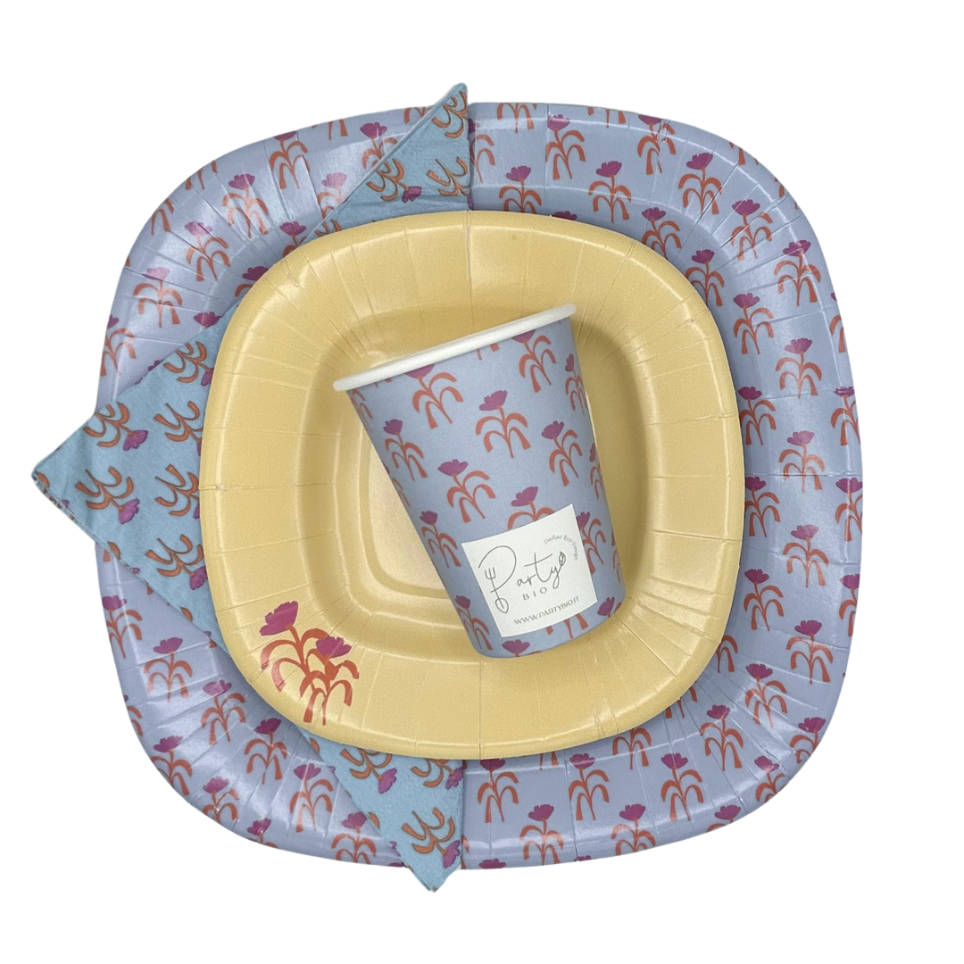 PartyBIO Tulipano, Set di Stoviglie Monouso biodegradabili per Feste con Piatti Carta, Bicchieri Carta, Tovaglioli.