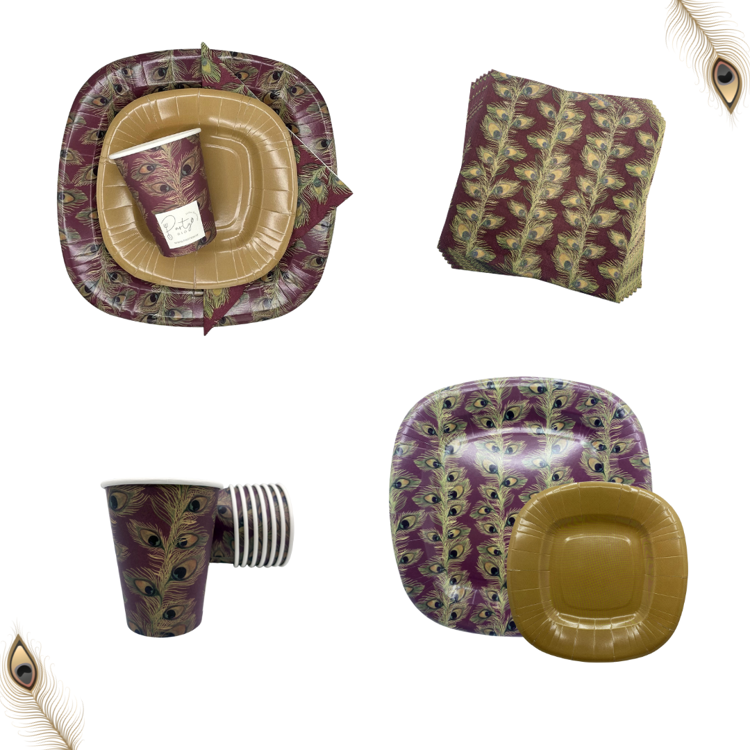PartyBIO Pavone, Set di Stoviglie Monouso biodegradabili per Feste con Piatti Carta, Bicchieri Carta, Tovaglioli.