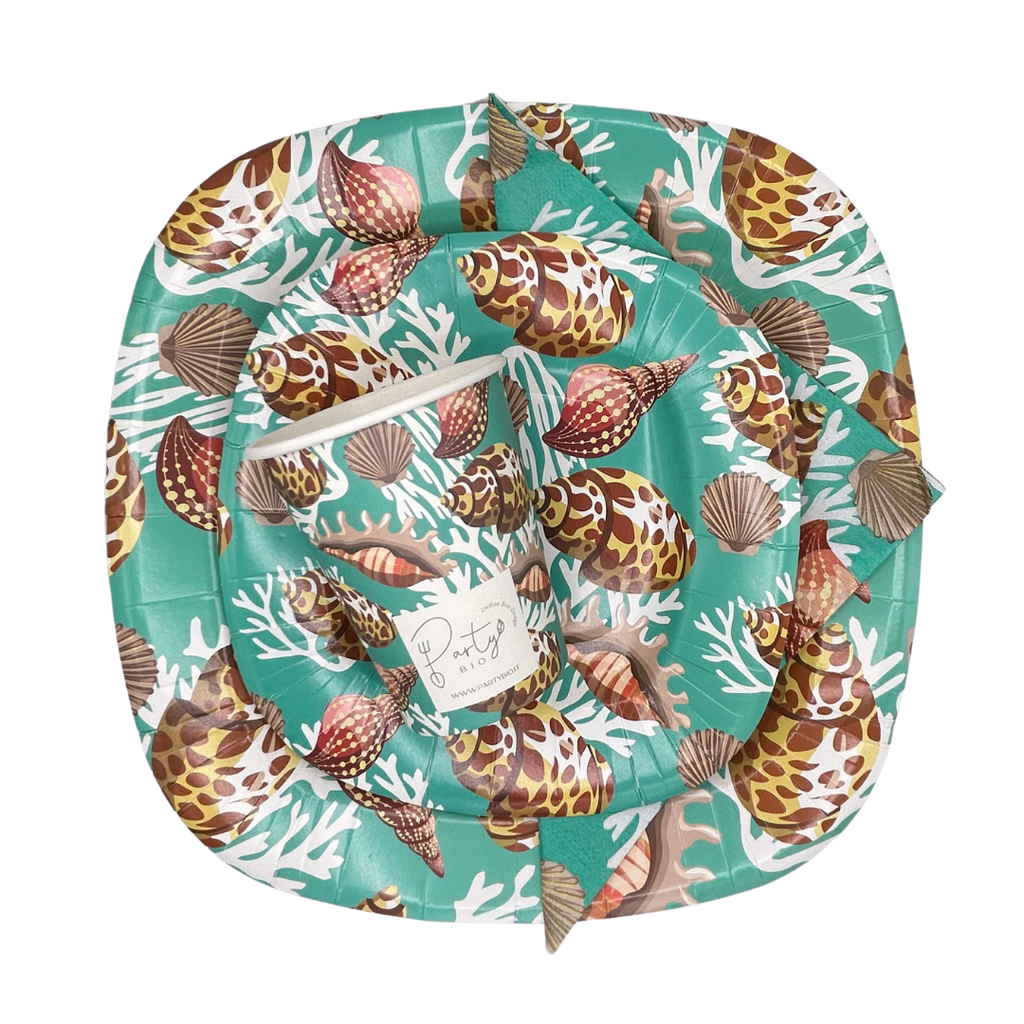PartyBIO Perle Marine, Set di Stoviglie Monouso biodegradabili per Feste con Piatti Carta, Bicchieri Carta, Tovaglioli.