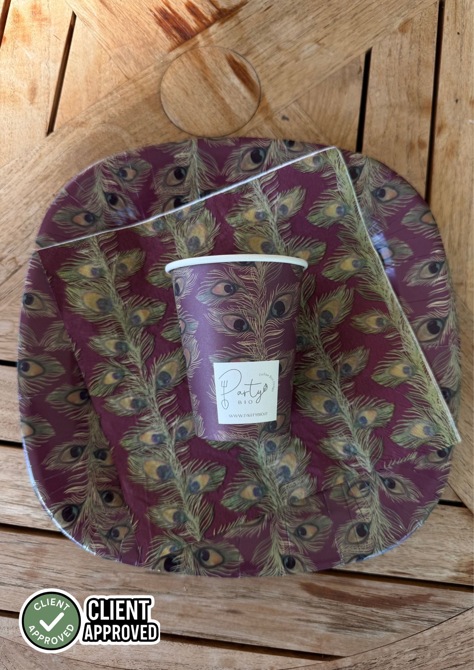 PartyBIO Pavone, Set di Stoviglie Monouso biodegradabili per Feste con Piatti Carta, Bicchieri Carta, Tovaglioli.