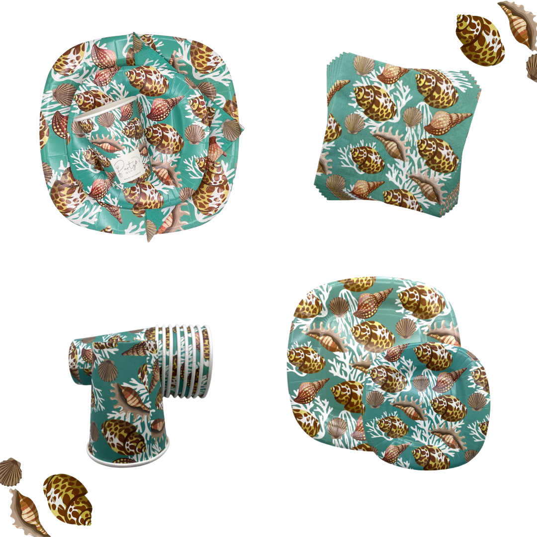 PartyBIO Perle Marine, Set di Stoviglie Monouso biodegradabili per Feste con Piatti Carta, Bicchieri Carta, Tovaglioli.