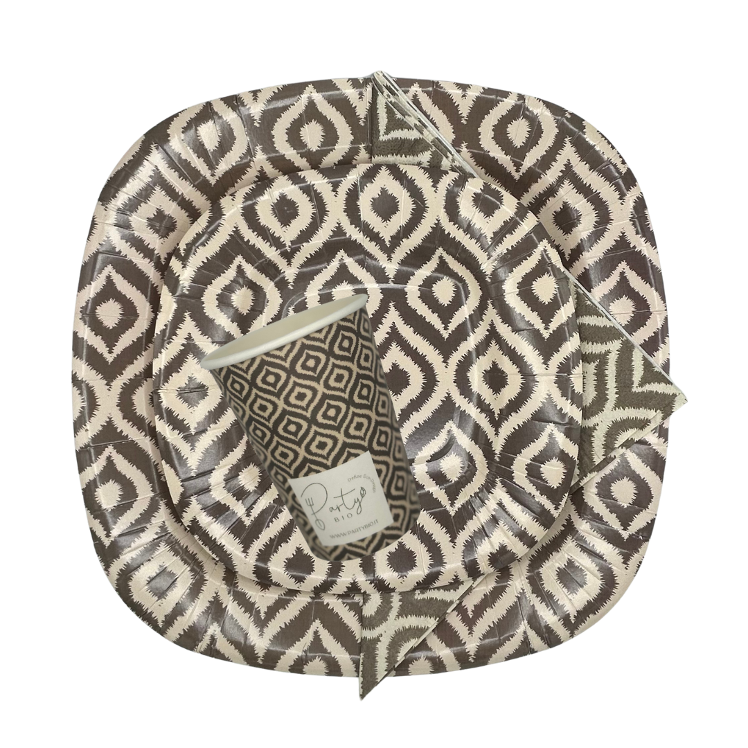 PartyBIO Tribal Chic, Set di Stoviglie Monouso biodegradabili per Feste con Piatti Carta, Bicchieri Carta, Tovaglioli.