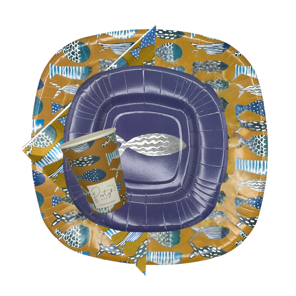 PartyBIO Oceano, Set di Stoviglie Monouso biodegradabili per Feste con Piatti Carta, Bicchieri Carta, Tovaglioli.