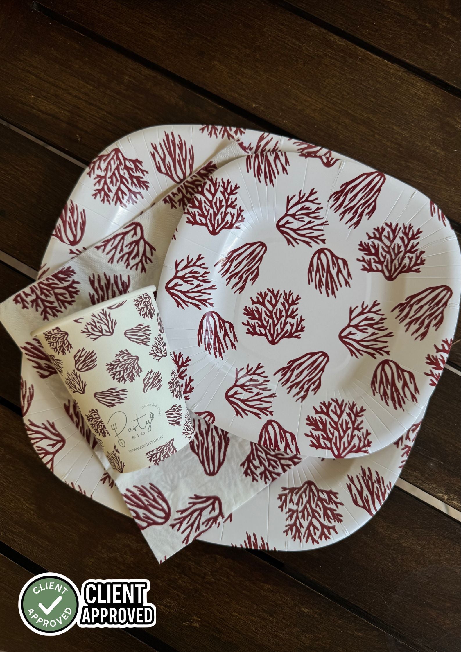 PartyBIO Corallo, Set di Stoviglie Monouso biodegradabili per Feste con Piatti Carta, Bicchieri Carta, Tovaglioli.