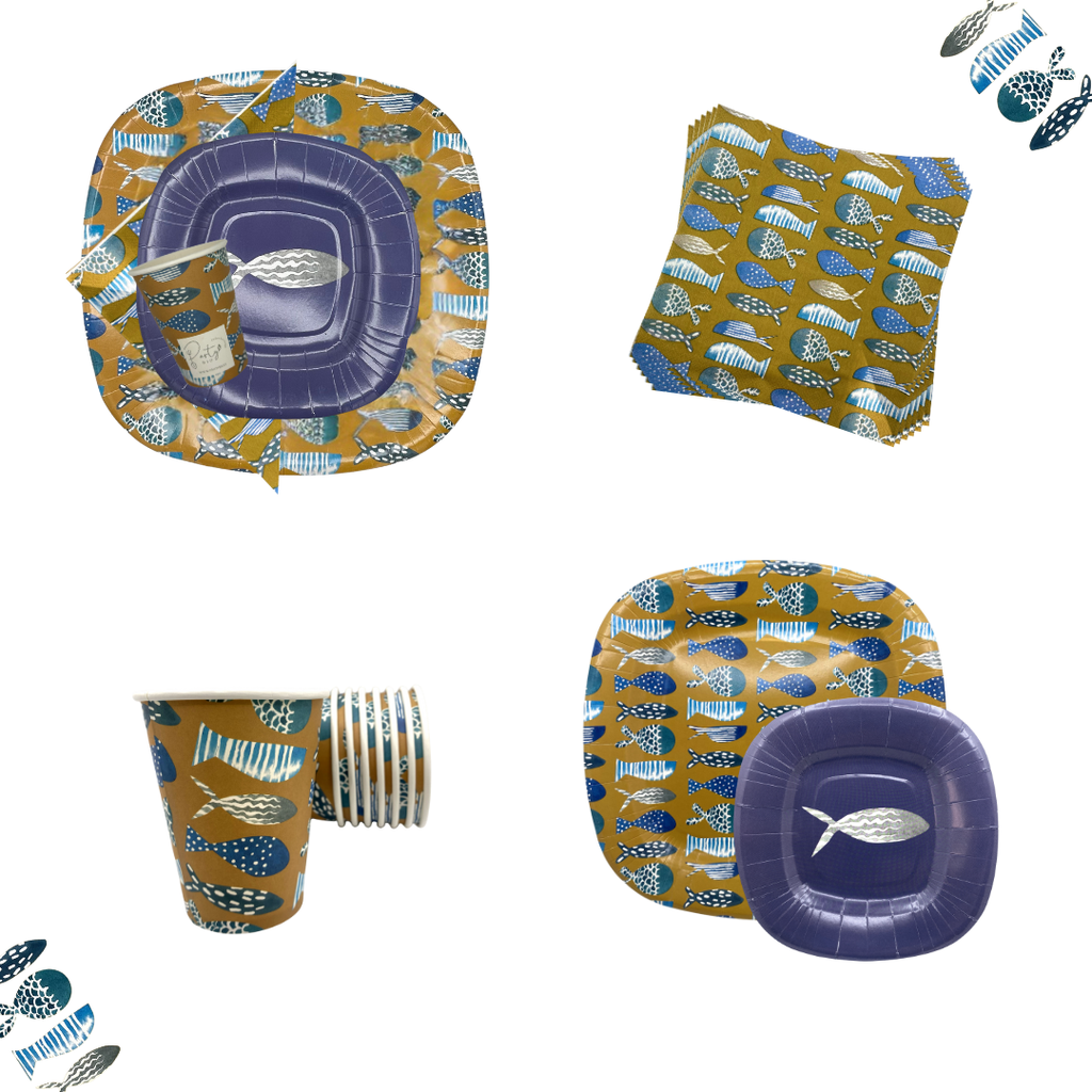 PartyBIO Oceano, Set di Stoviglie Monouso biodegradabili per Feste con Piatti Carta, Bicchieri Carta, Tovaglioli.