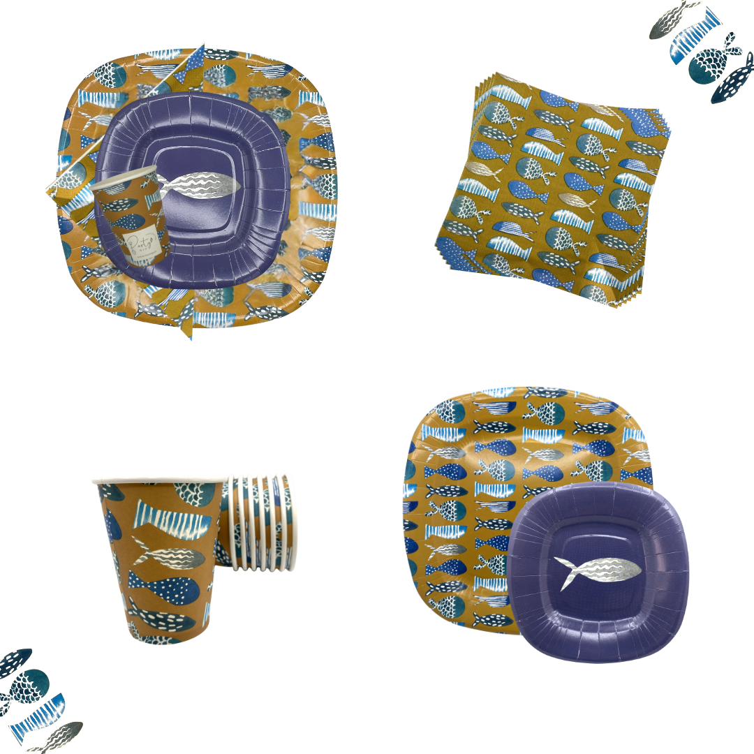 PartyBIO Oceano, Set di Stoviglie Monouso biodegradabili per Feste con Piatti Carta, Bicchieri Carta, Tovaglioli.