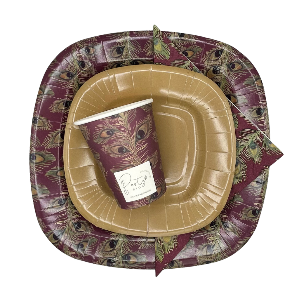 PartyBIO Pavone, Set di Stoviglie Monouso biodegradabili per Feste con Piatti Carta, Bicchieri Carta, Tovaglioli.