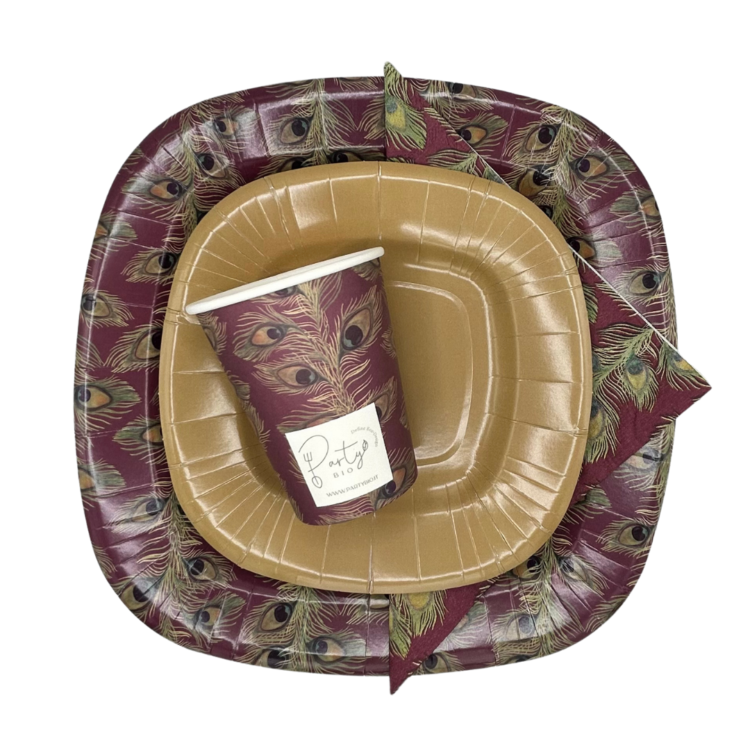 PartyBIO Pavone, Set di Stoviglie Monouso biodegradabili per Feste con Piatti Carta, Bicchieri Carta, Tovaglioli.