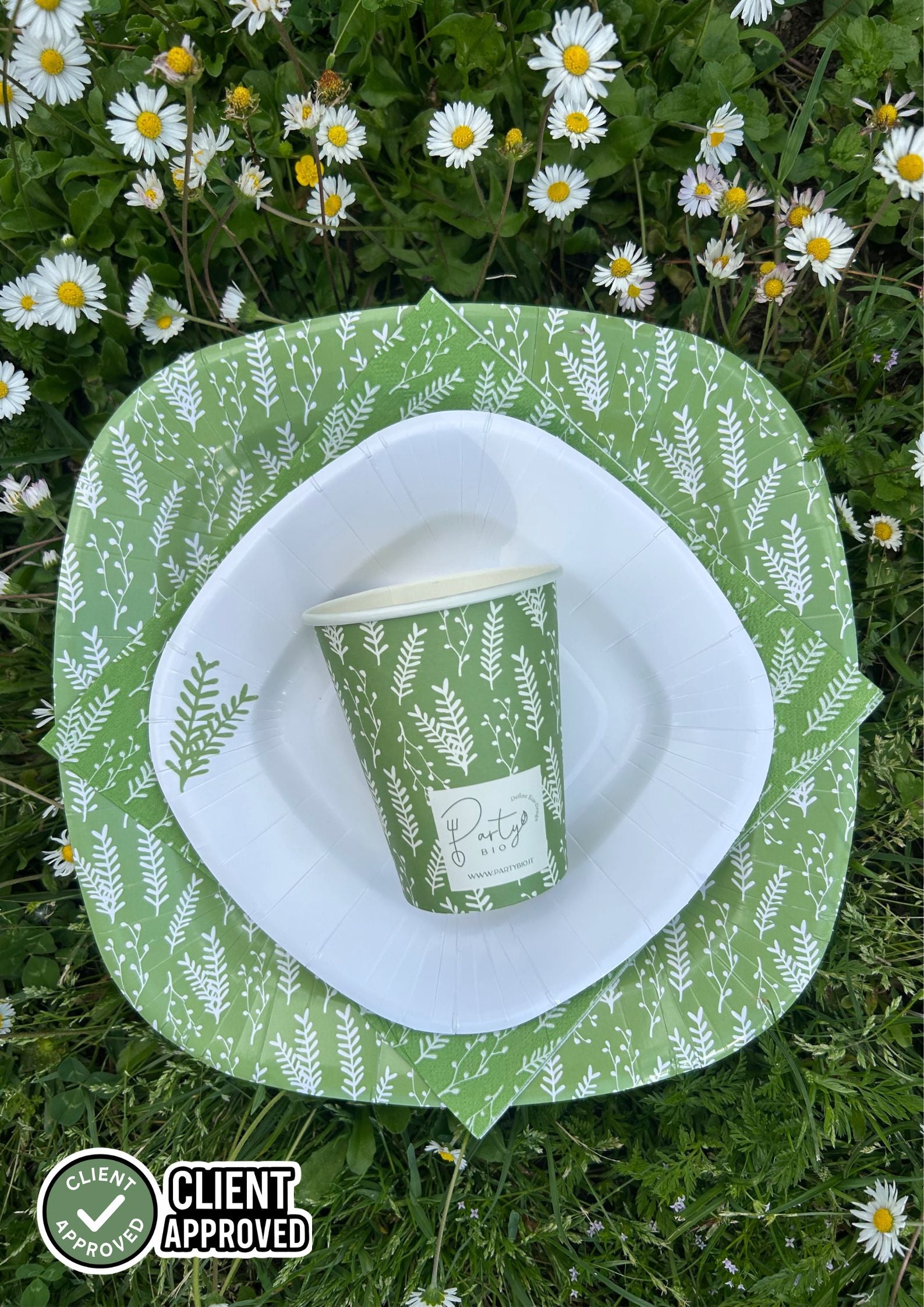 PartyBIO, Grano di Stoviglie Monouso biodegradabili per Feste con Piatti Carta, Bicchieri Carta, Tovaglioli.