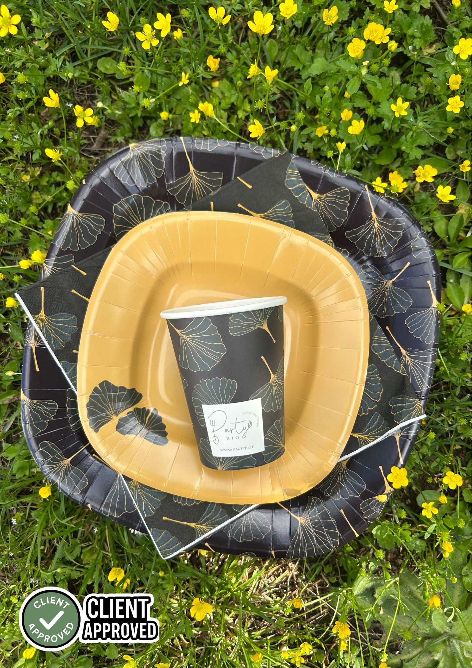 PartyBIO Ginko, Set di Stoviglie Monouso biodegradabili per Feste con Piatti Carta, Bicchieri Carta, Tovaglioli.