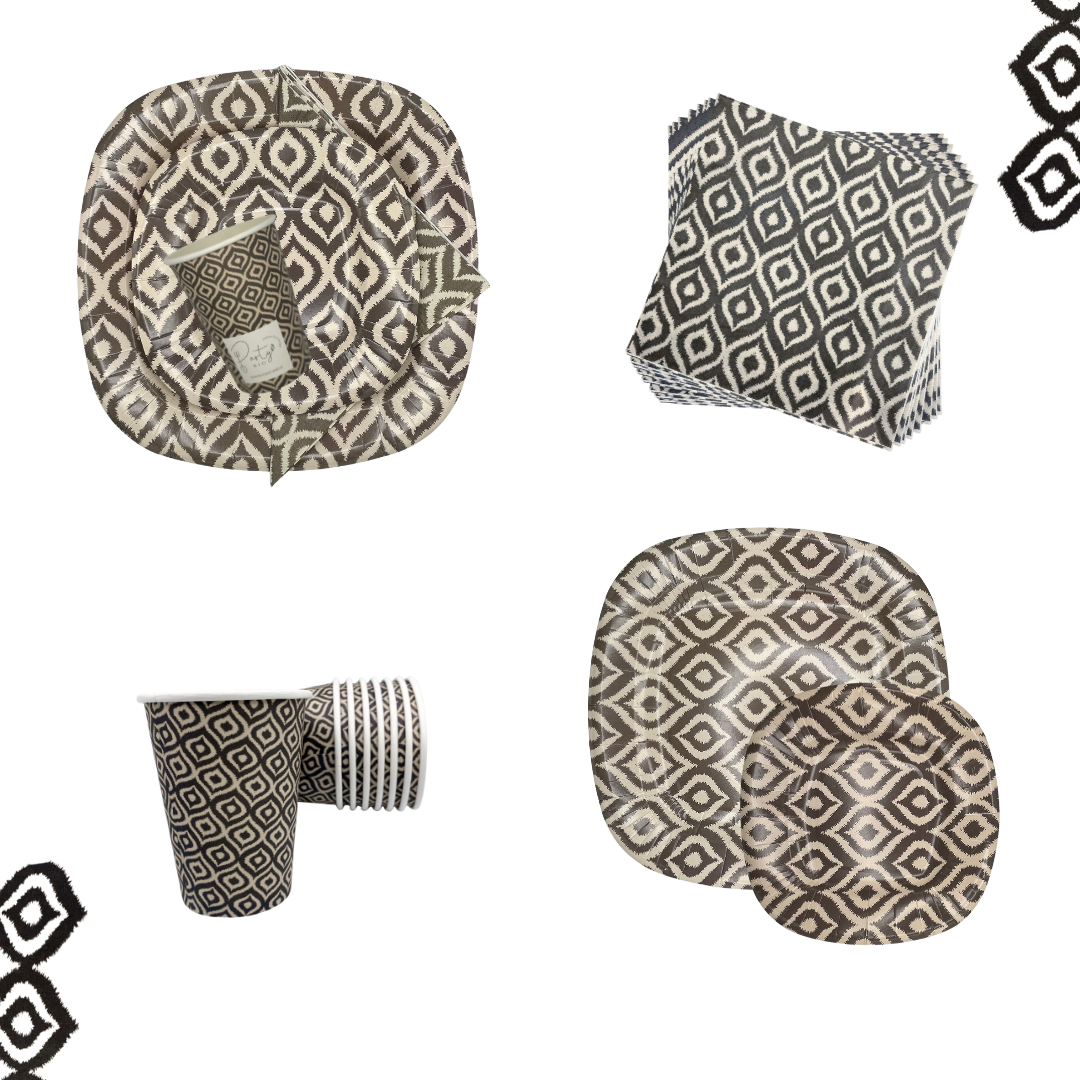 PartyBIO Tribal Chic, Set di Stoviglie Monouso biodegradabili per Feste con Piatti Carta, Bicchieri Carta, Tovaglioli.