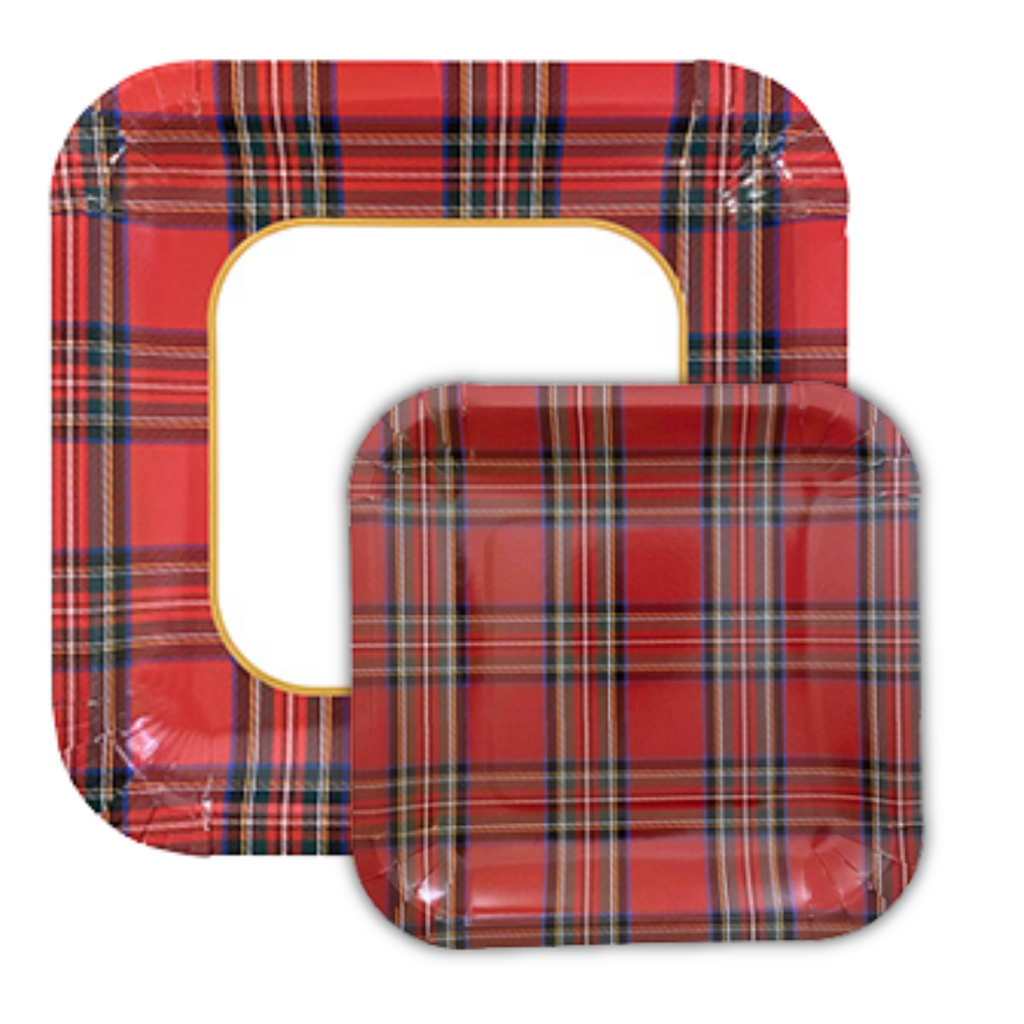 PartyBIO Tartan , Set di Stoviglie Monouso biodegradabili per Feste con Piatti Carta, Bicchieri Carta, Tovaglioli.