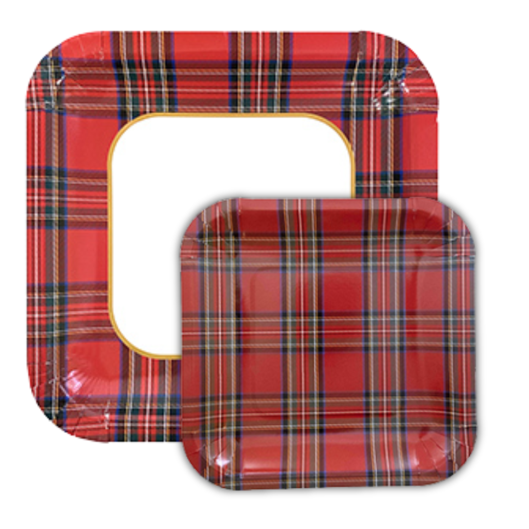 PartyBIO Tartan , Set di Stoviglie Monouso biodegradabili per Feste con Piatti Carta, Bicchieri Carta, Tovaglioli.