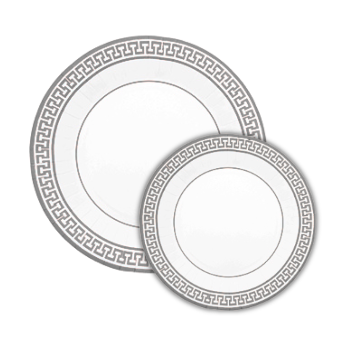 PartyBIO Greek Silver , Set di Stoviglie Monouso biodegradabili per Feste con Piatti Carta, Bicchieri Carta, Tovaglioli.