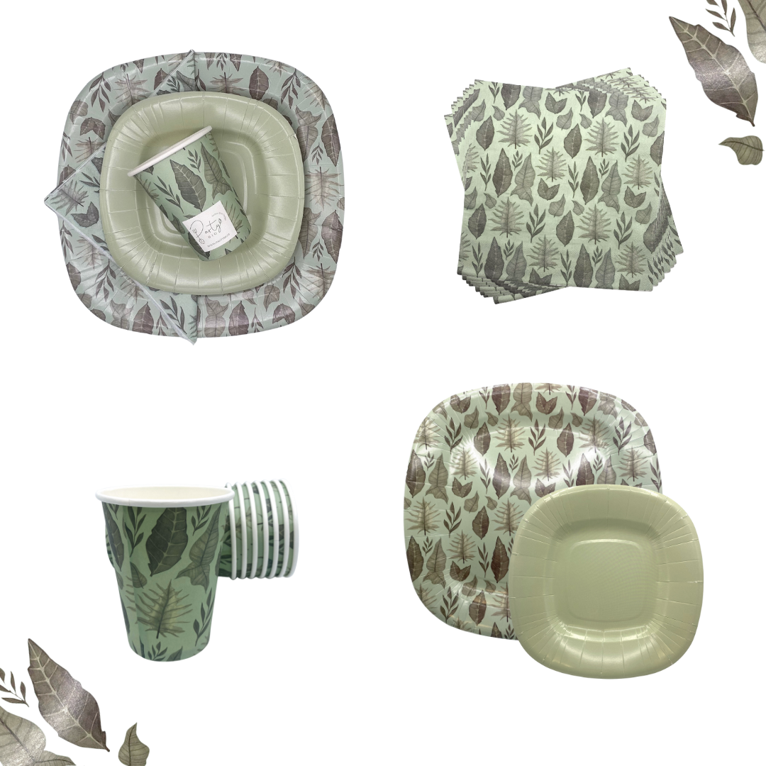 PartyBIO Foglie, Set di Stoviglie Monouso biodegradabili per Feste con Piatti Carta, Bicchieri Carta, Tovaglioli.