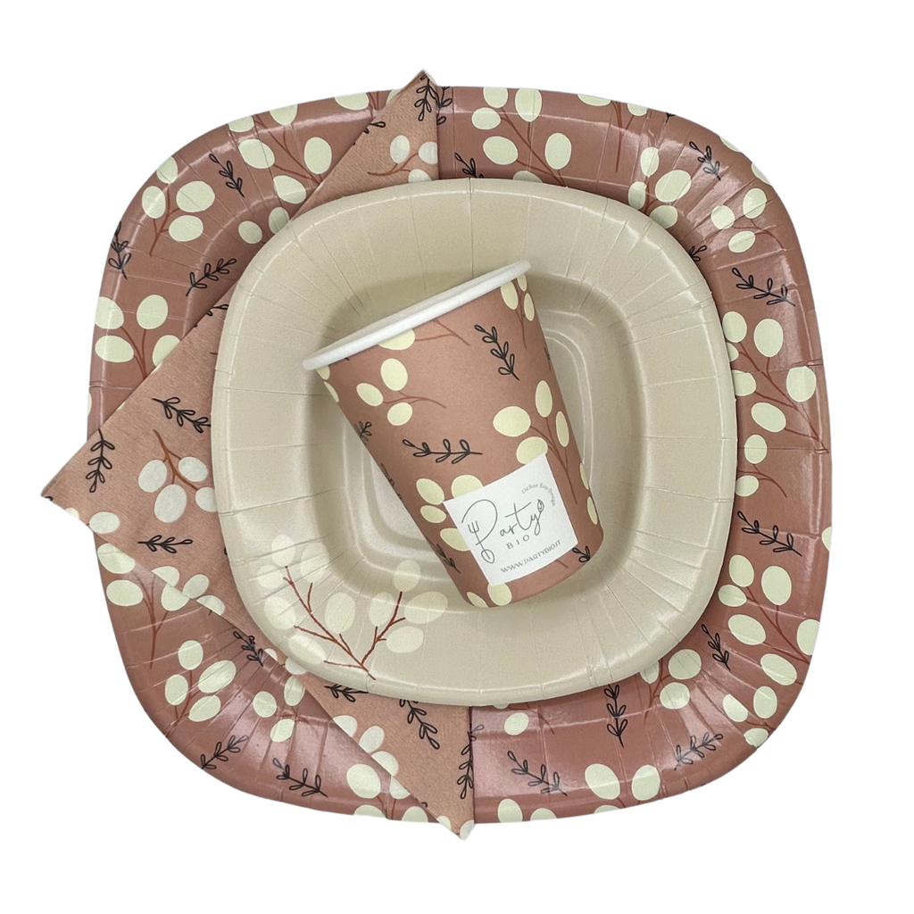 PartyBIO Set Fiori Bianchi, Set di Stoviglie Monouso biodegradabili per Feste con Piatti Carta, Bicchieri Carta, Tovaglioli.