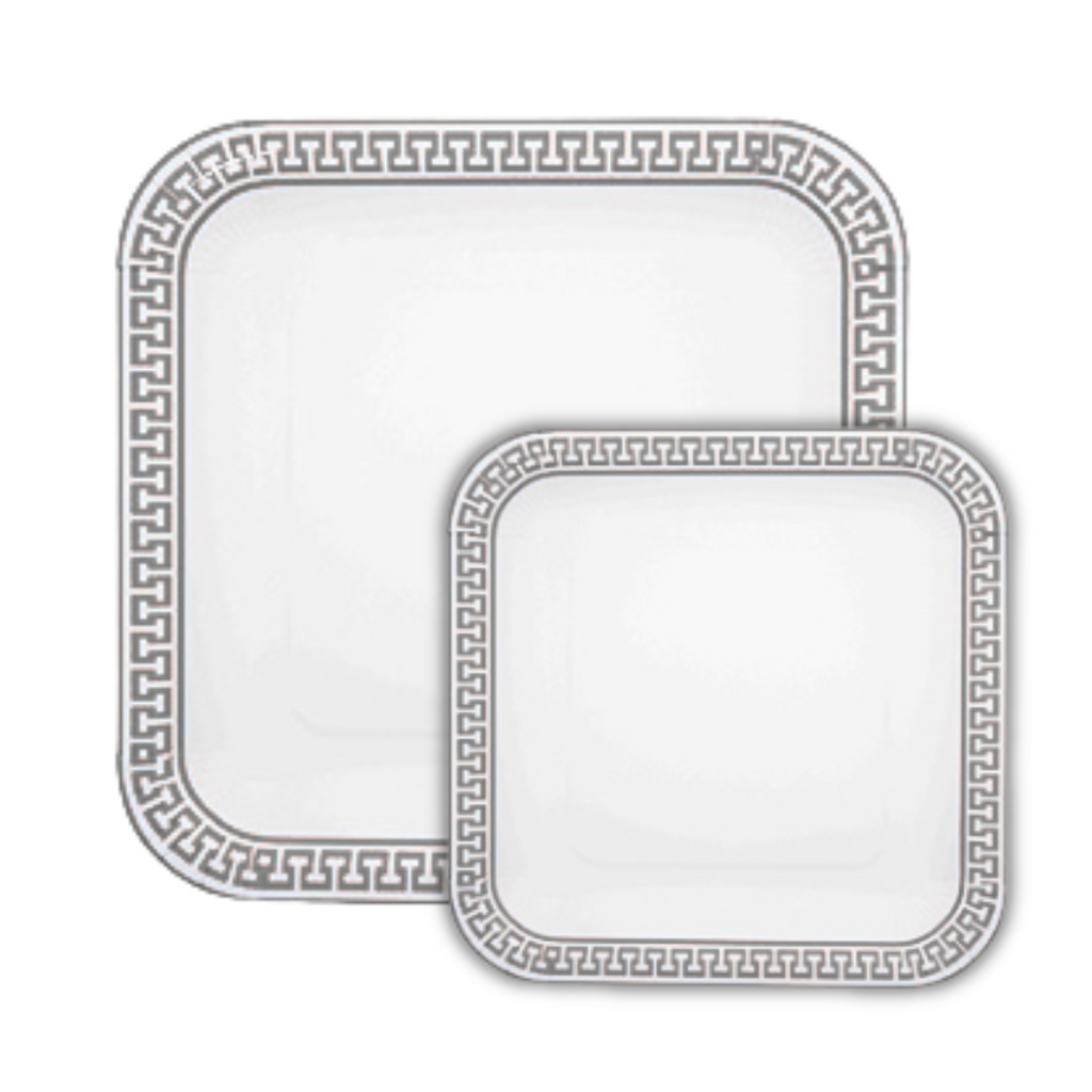 PartyBIO Greek Silver , Set di Stoviglie Monouso biodegradabili per Feste con Piatti Carta, Bicchieri Carta, Tovaglioli.