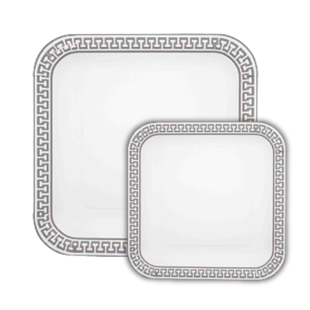 PartyBIO Greek Silver , Set di Stoviglie Monouso biodegradabili per Feste con Piatti Carta, Bicchieri Carta, Tovaglioli.