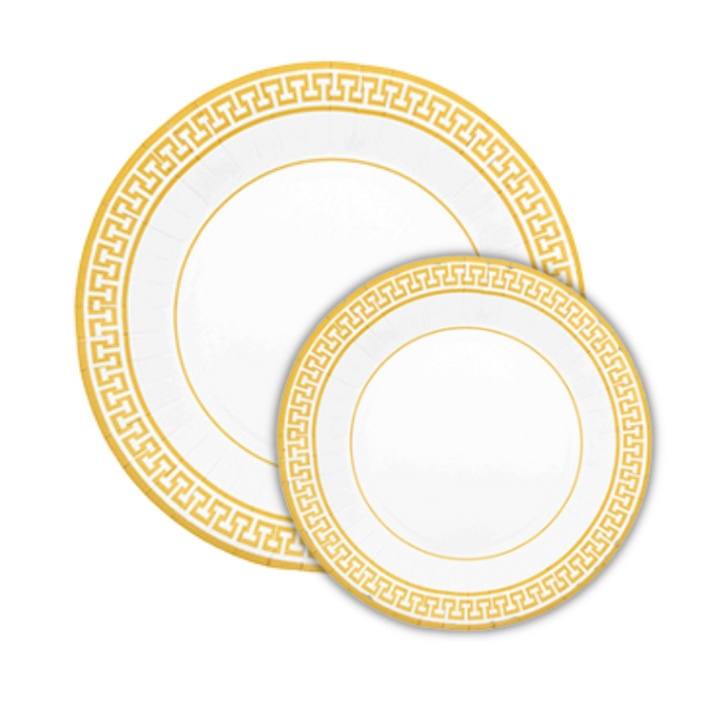 PartyBIO Greek Gold, Set di Stoviglie Monouso biodegradabili per Feste con Piatti Carta, Bicchieri Carta, Tovaglioli.
