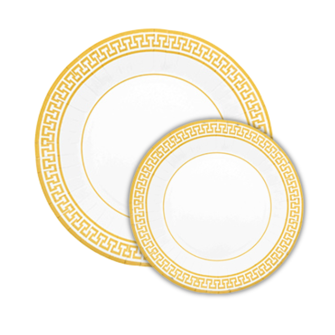 PartyBIO Greek Gold, Set di Stoviglie Monouso biodegradabili per Feste con Piatti Carta, Bicchieri Carta, Tovaglioli.