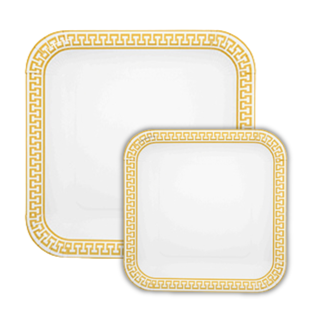 PartyBIO Greek Gold, Set di Stoviglie Monouso biodegradabili per Feste con Piatti Carta, Bicchieri Carta, Tovaglioli.