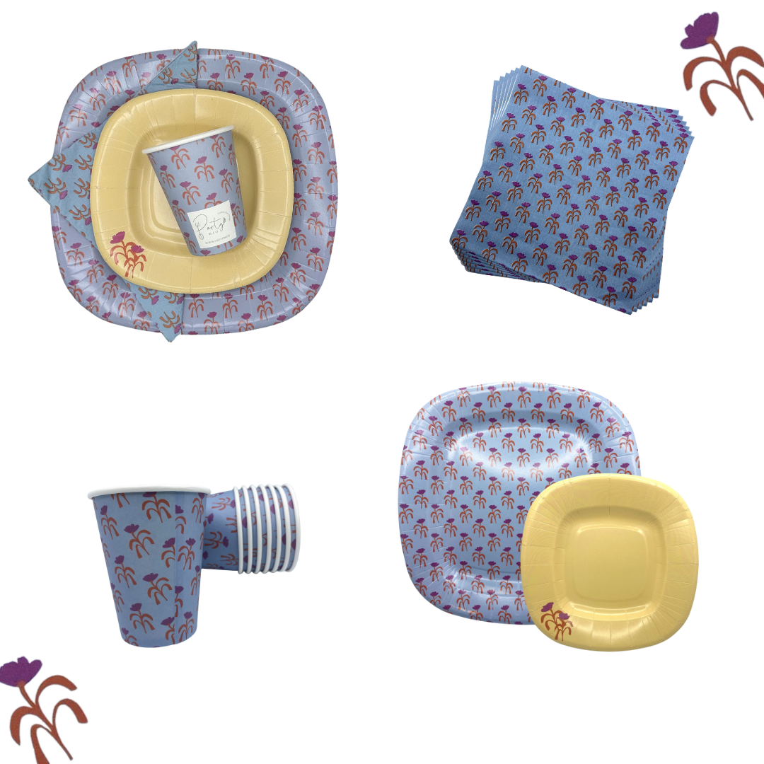 PartyBIO Tulipano, Set di Stoviglie Monouso biodegradabili per Feste con Piatti Carta, Bicchieri Carta, Tovaglioli.