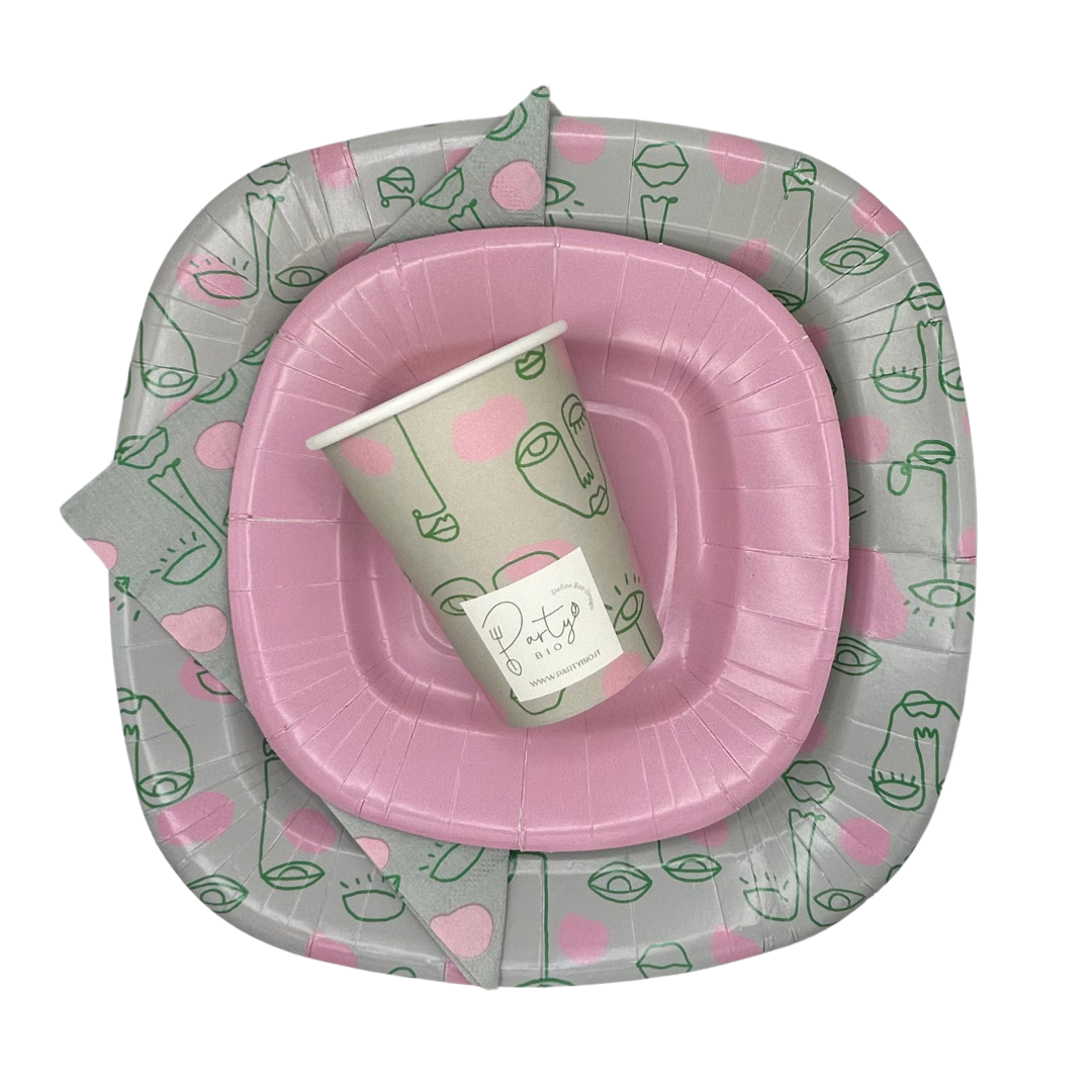 PartyBIO Pop, Set di Stoviglie Monouso biodegradabili per Feste con Piatti Carta, Bicchieri Carta, Tovaglioli.