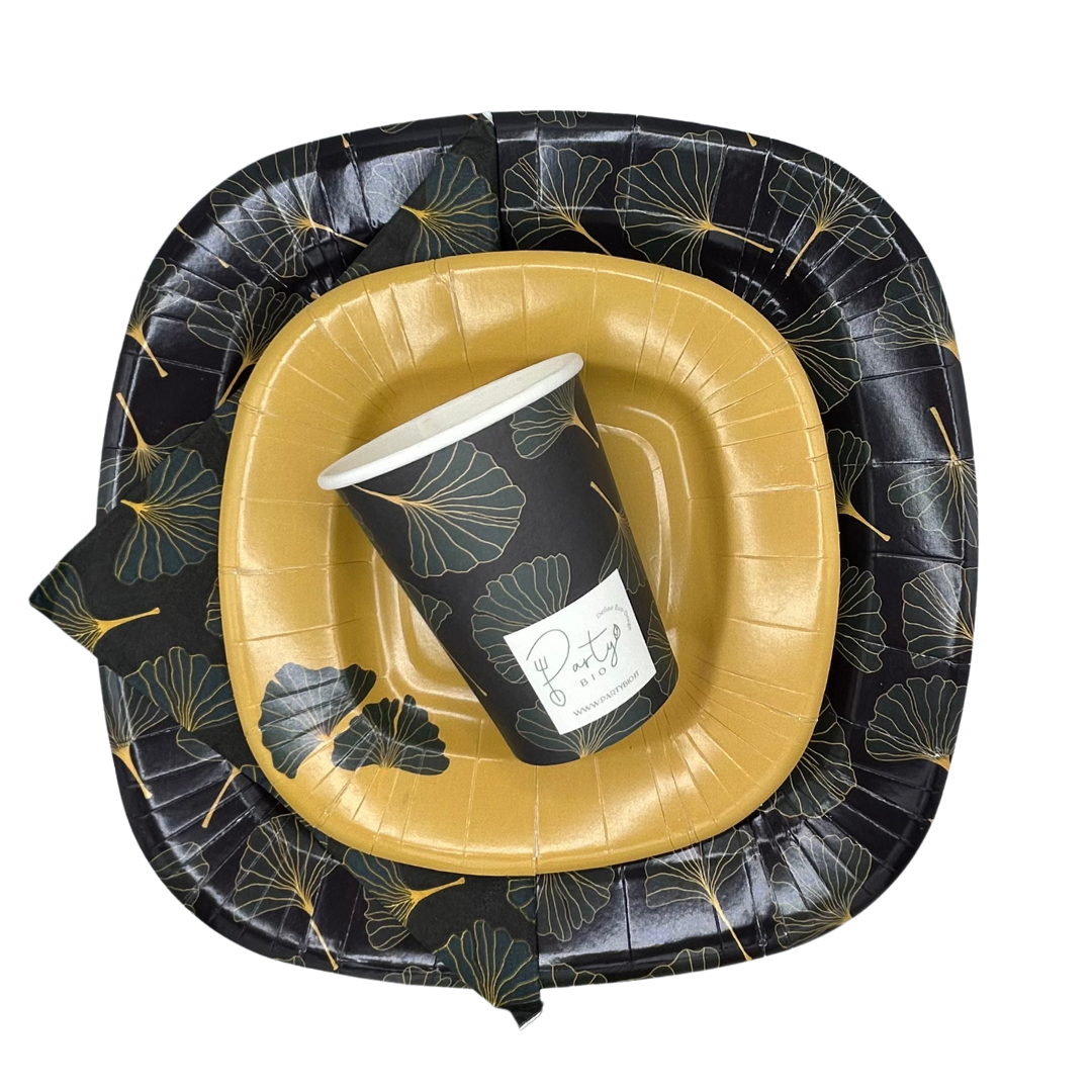 PartyBIO Ginko, Set di Stoviglie Monouso biodegradabili per Feste con Piatti Carta, Bicchieri Carta, Tovaglioli.