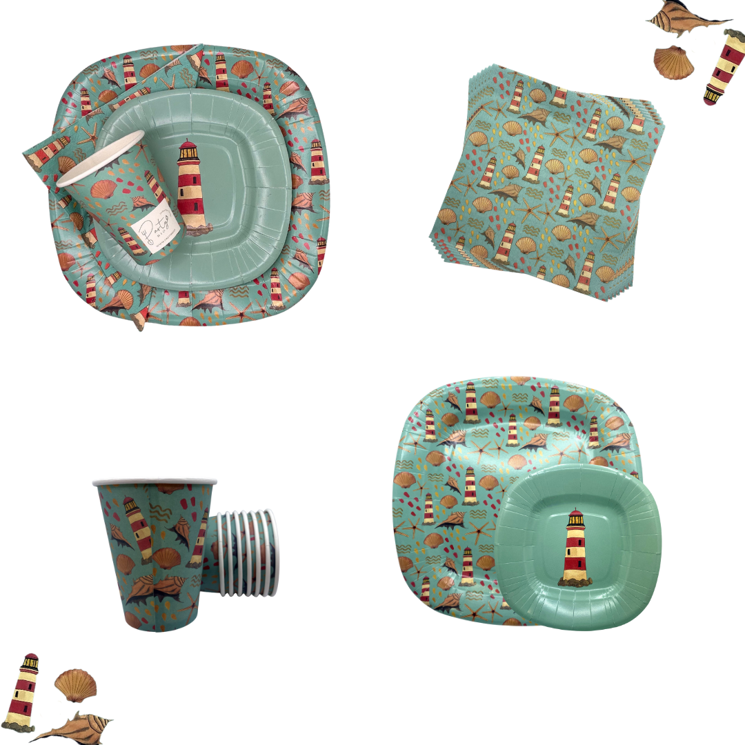 PartyBIO Faro, Set di Stoviglie Monouso biodegradabili per Feste con Piatti Carta, Bicchieri Carta, Tovaglioli.