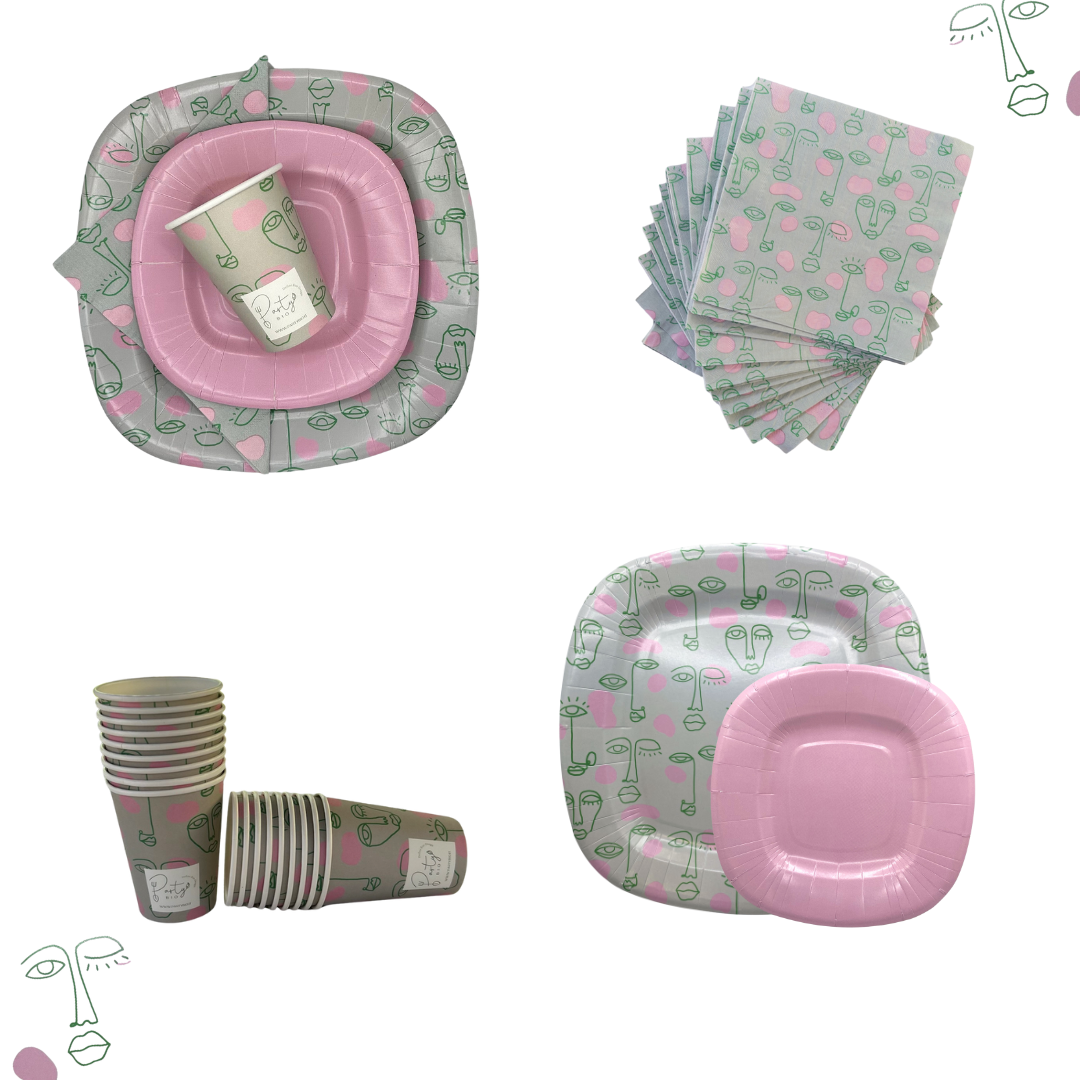 PartyBIO Pop, Set di Stoviglie Monouso biodegradabili per Feste con Piatti Carta, Bicchieri Carta, Tovaglioli.