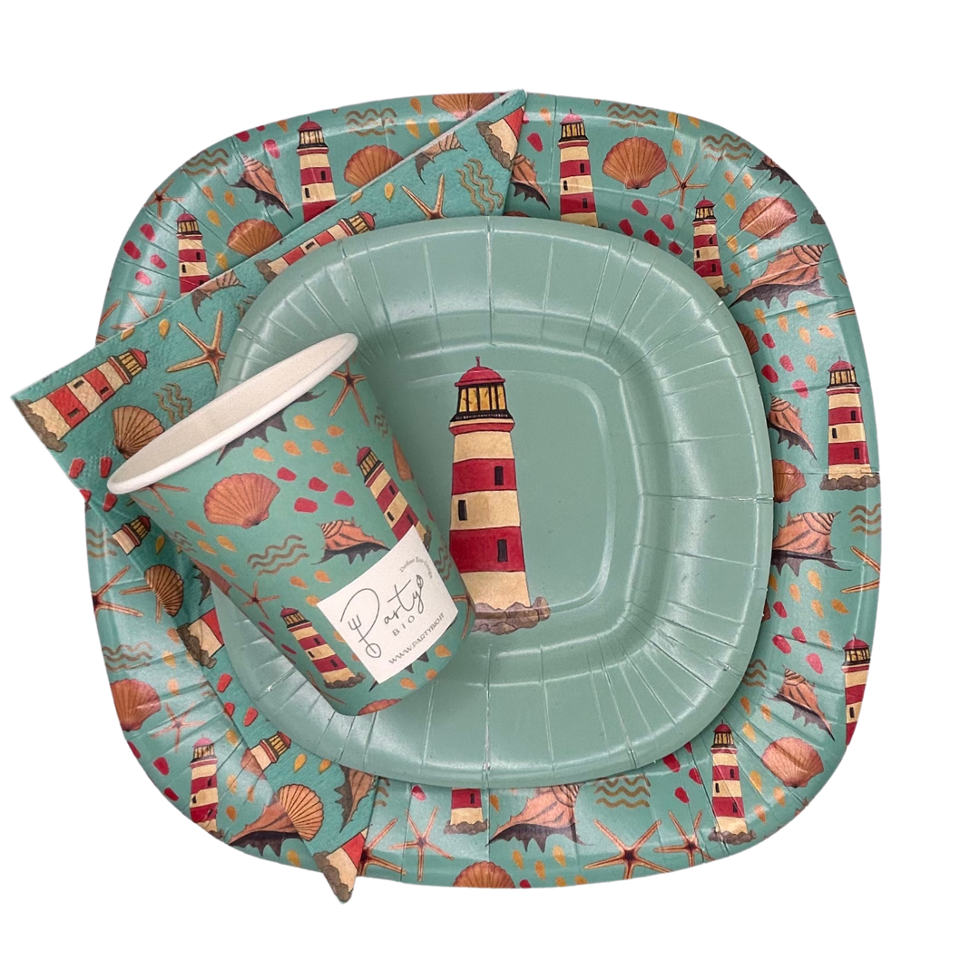 PartyBIO Faro, Set di Stoviglie Monouso biodegradabili per Feste con Piatti Carta, Bicchieri Carta, Tovaglioli.