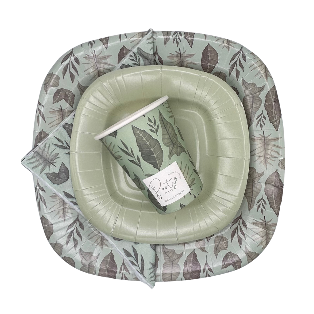 PartyBIO Foglie, Set di Stoviglie Monouso biodegradabili per Feste con Piatti Carta, Bicchieri Carta, Tovaglioli.