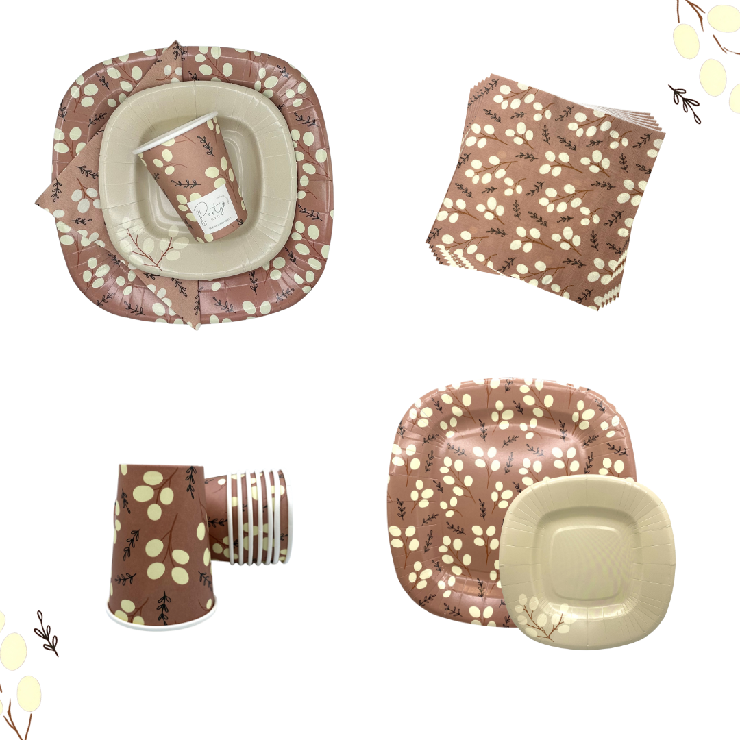 PartyBIO Set Fiori Bianchi, Set di Stoviglie Monouso biodegradabili per Feste con Piatti Carta, Bicchieri Carta, Tovaglioli.