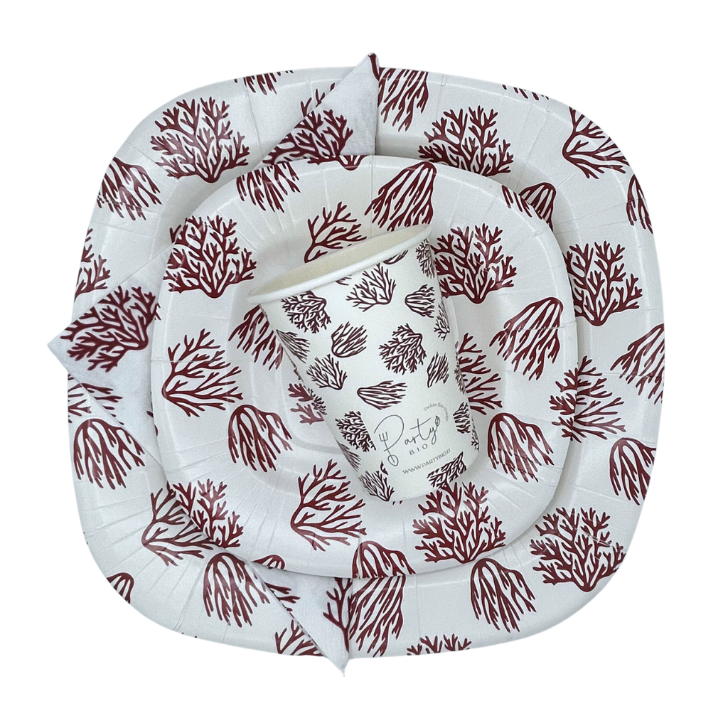 PartyBIO Corallo, Set di Stoviglie Monouso biodegradabili per Feste con Piatti Carta, Bicchieri Carta, Tovaglioli.
