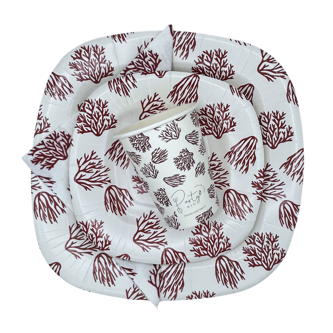 PartyBIO Corallo, Set di Stoviglie Monouso biodegradabili per Feste con Piatti Carta, Bicchieri Carta, Tovaglioli.