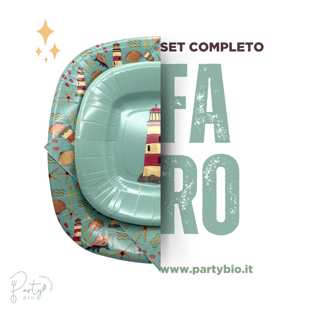 PartyBIO Faro, Set di Stoviglie Monouso biodegradabili per Feste con Piatti Carta, Bicchieri Carta, Tovaglioli.