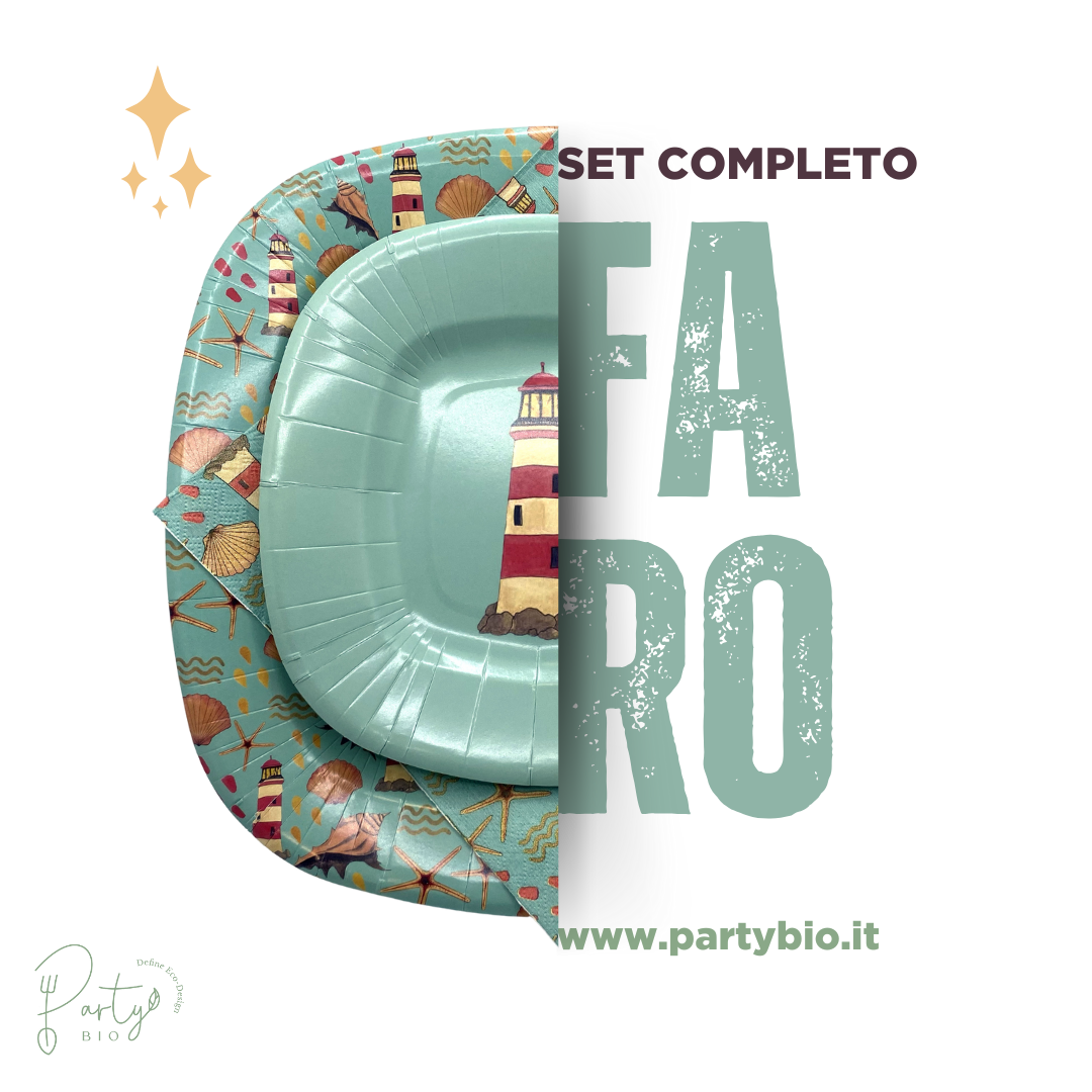 PartyBIO Faro, Set di Stoviglie Monouso biodegradabili per Feste con Piatti Carta, Bicchieri Carta, Tovaglioli.