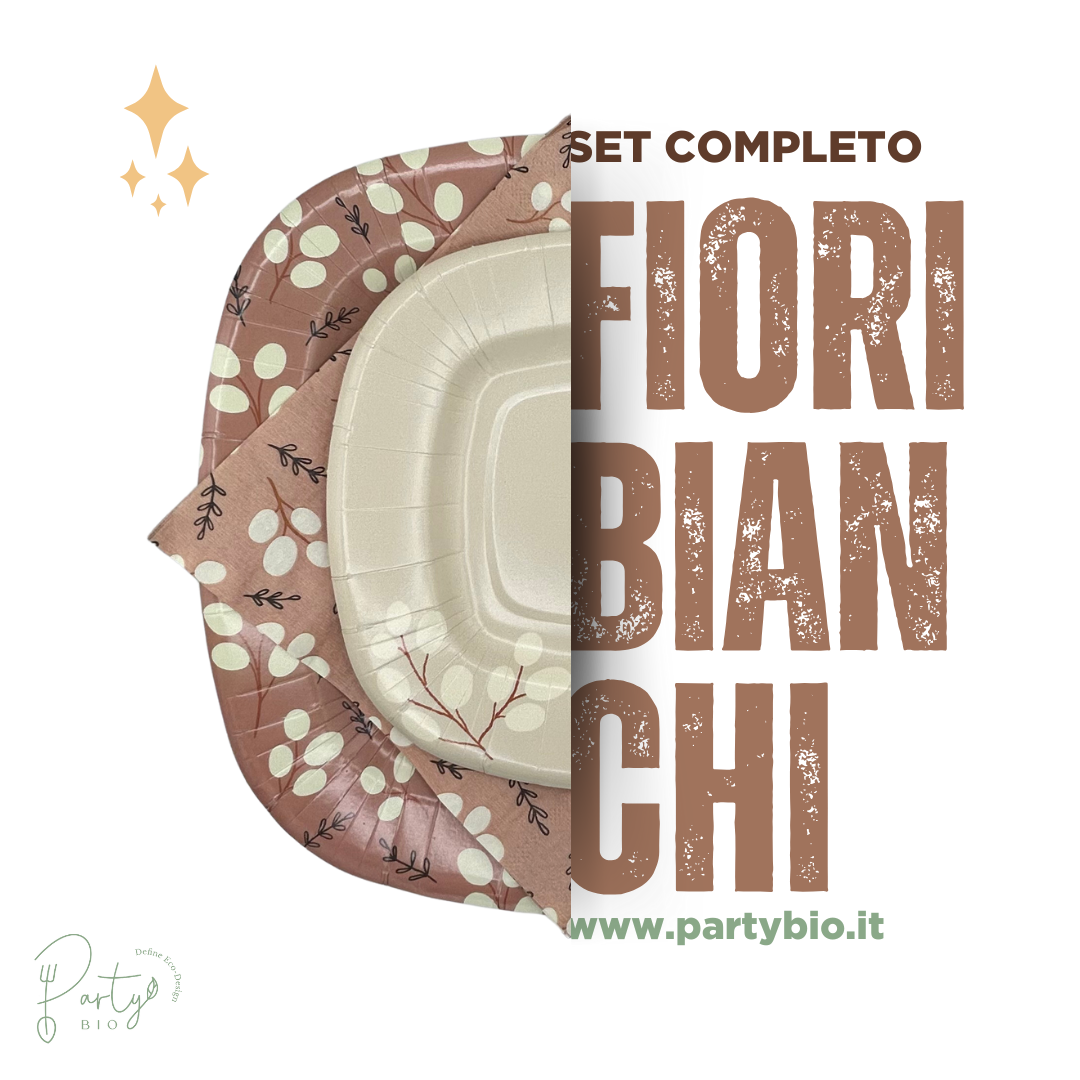 PartyBIO Set Fiori Bianchi, Set di Stoviglie Monouso biodegradabili per Feste con Piatti Carta, Bicchieri Carta, Tovaglioli.