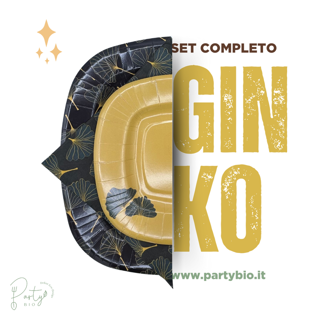PartyBIO Ginko, Set di Stoviglie Monouso biodegradabili per Feste con Piatti Carta, Bicchieri Carta, Tovaglioli.