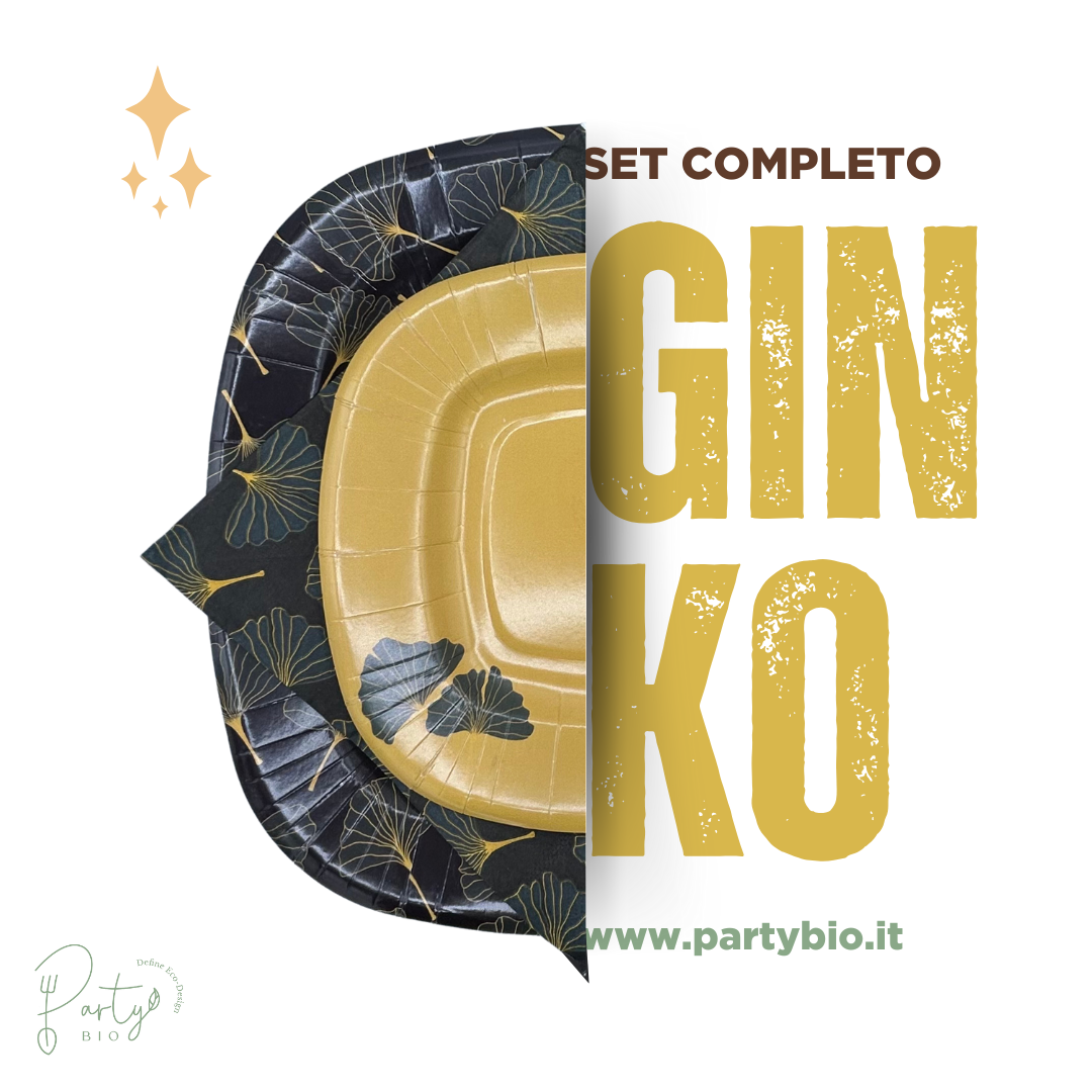 PartyBIO Ginko, Set di Stoviglie Monouso biodegradabili per Feste con Piatti Carta, Bicchieri Carta, Tovaglioli.