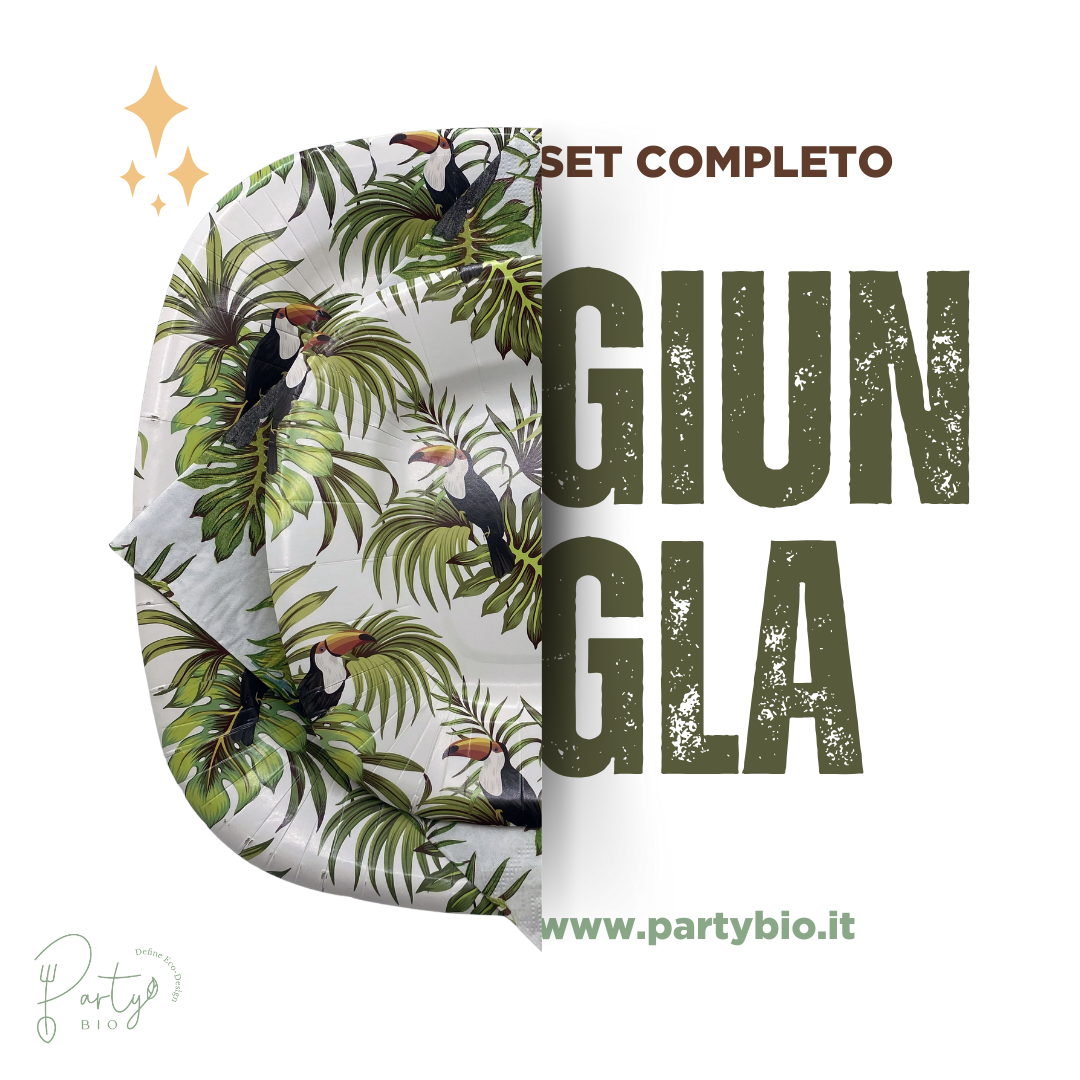 PartyBIO Giungla, Set di Stoviglie Monouso biodegradabili per Feste con Piatti Carta, Bicchieri Carta, Tovaglioli.