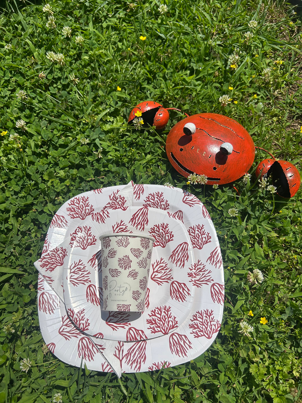 PartyBIO Corallo, Set di Stoviglie Monouso biodegradabili per Feste con Piatti Carta, Bicchieri Carta, Tovaglioli.