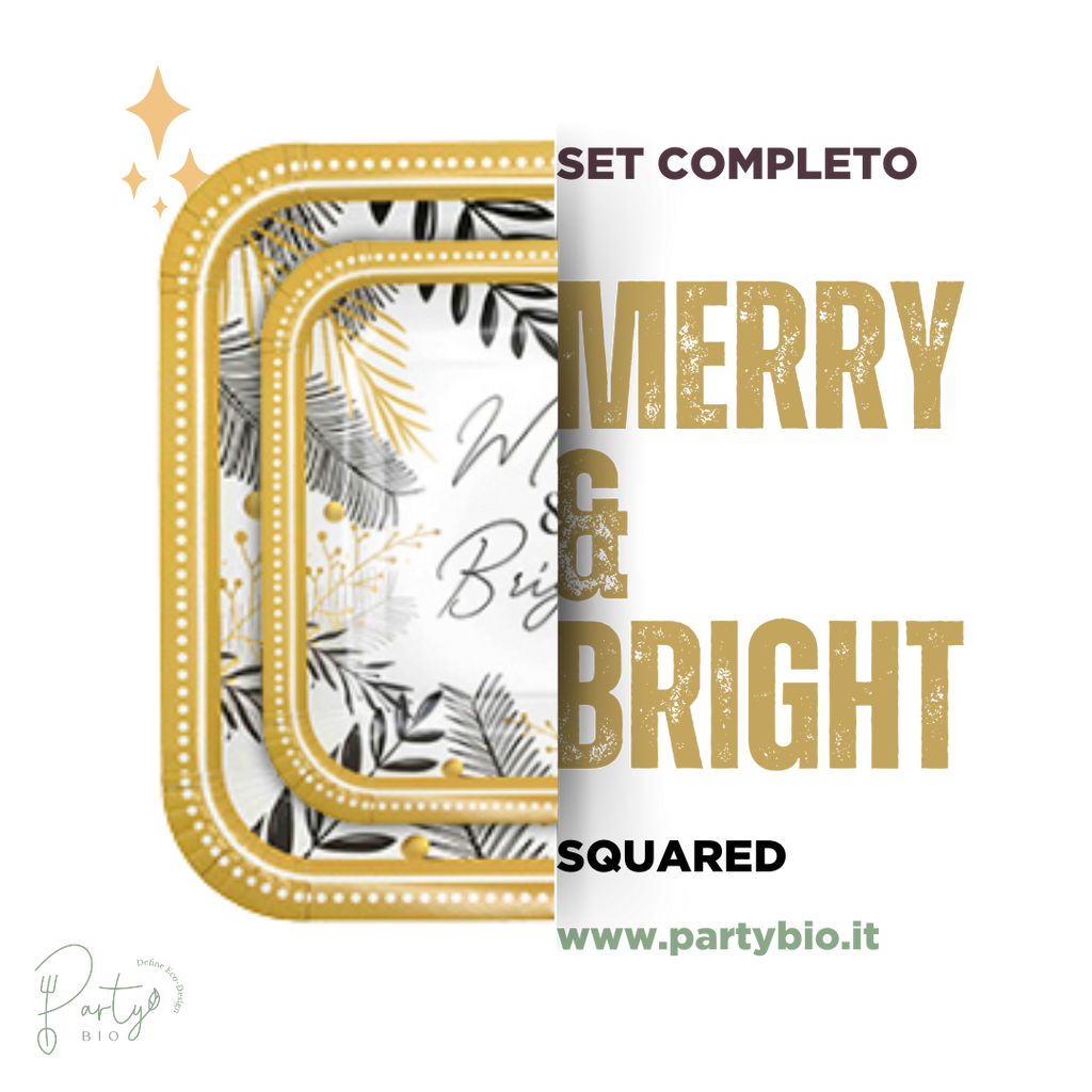 PartyBIO Merry & Bright , Set di Stoviglie Monouso biodegradabili per Feste con Piatti Carta, Bicchieri Carta, Tovaglioli.