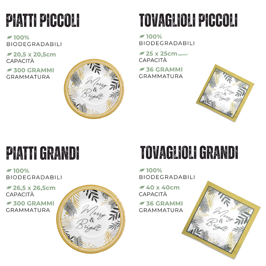 PartyBIO Merry & Bright , Set di Stoviglie Monouso biodegradabili per Feste con Piatti Carta, Bicchieri Carta, Tovaglioli.