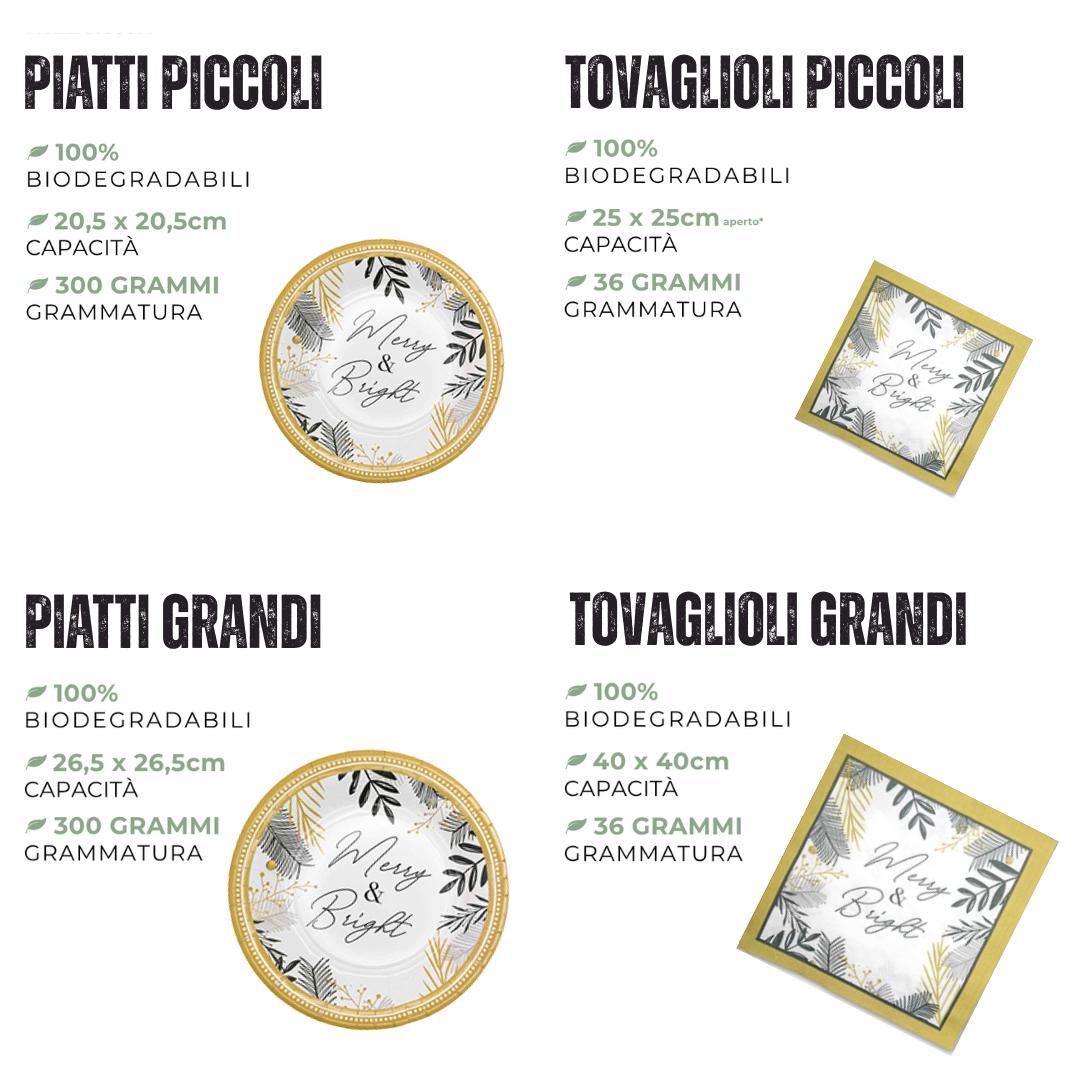 PartyBIO Merry & Bright , Set di Stoviglie Monouso biodegradabili per Feste con Piatti Carta, Bicchieri Carta, Tovaglioli.
