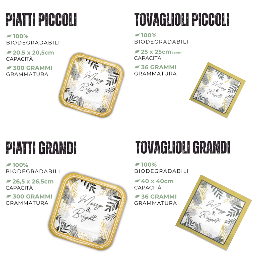 PartyBIO Merry & Bright , Set di Stoviglie Monouso biodegradabili per Feste con Piatti Carta, Bicchieri Carta, Tovaglioli.