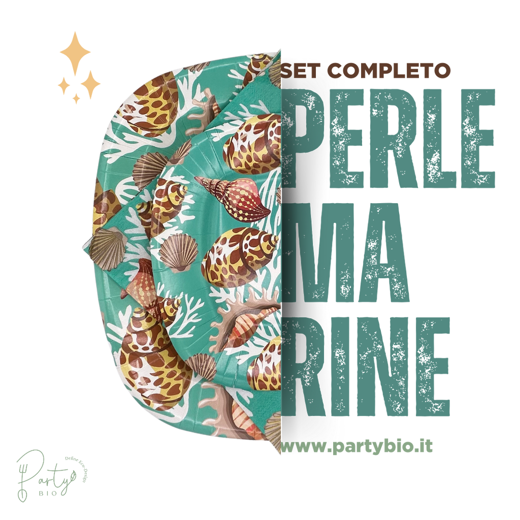 PartyBIO Perle Marine, Set di Stoviglie Monouso biodegradabili per Feste con Piatti Carta, Bicchieri Carta, Tovaglioli.