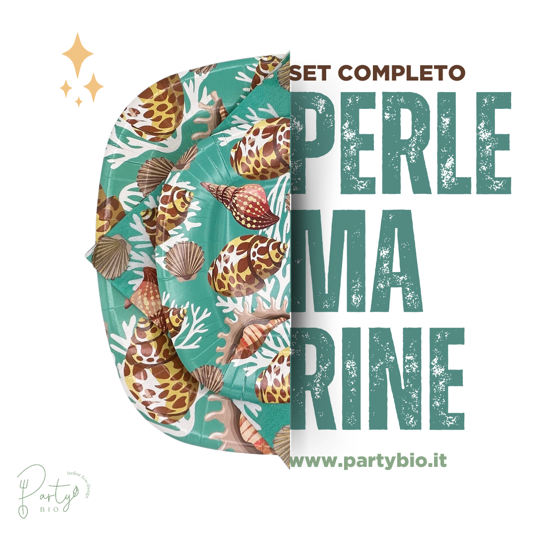 PartyBIO Perle Marine, Set di Stoviglie Monouso biodegradabili per Feste con Piatti Carta, Bicchieri Carta, Tovaglioli.