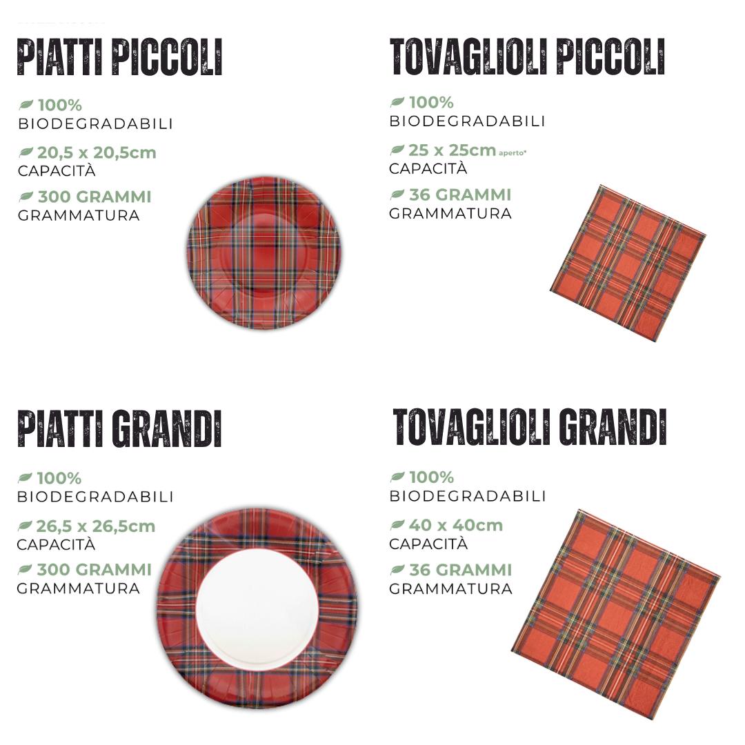 PartyBIO Tartan , Set di Stoviglie Monouso biodegradabili per Feste con Piatti Carta, Bicchieri Carta, Tovaglioli.