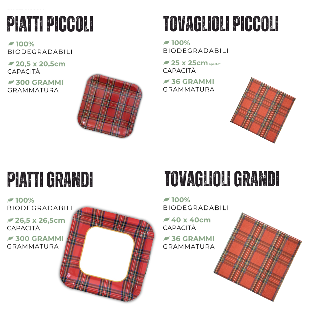 PartyBIO Tartan , Set di Stoviglie Monouso biodegradabili per Feste con Piatti Carta, Bicchieri Carta, Tovaglioli.